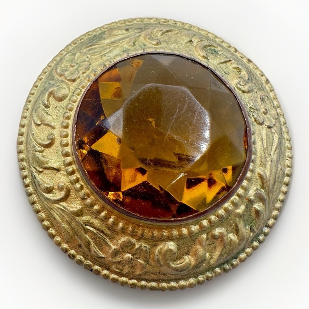 Vintage Bronze Glass Cabochon Brooch Pin Gold Tone Brass Celtic Revival 1.5"